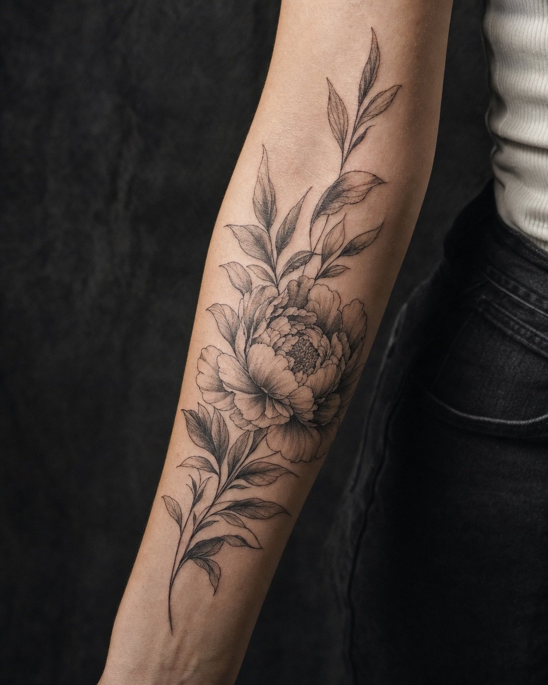 Tatouage botanique en trait fin sur avant-bras