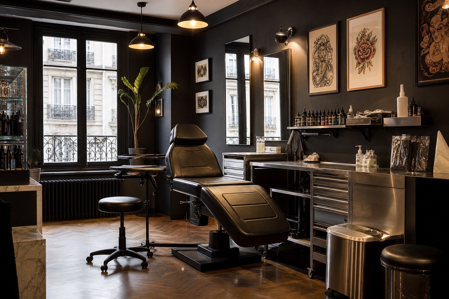Intérieur contemporain d’un studio de tatouage et piercing à Paris